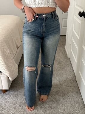 Bershka Light Blue Distressed Bootcut Jeans